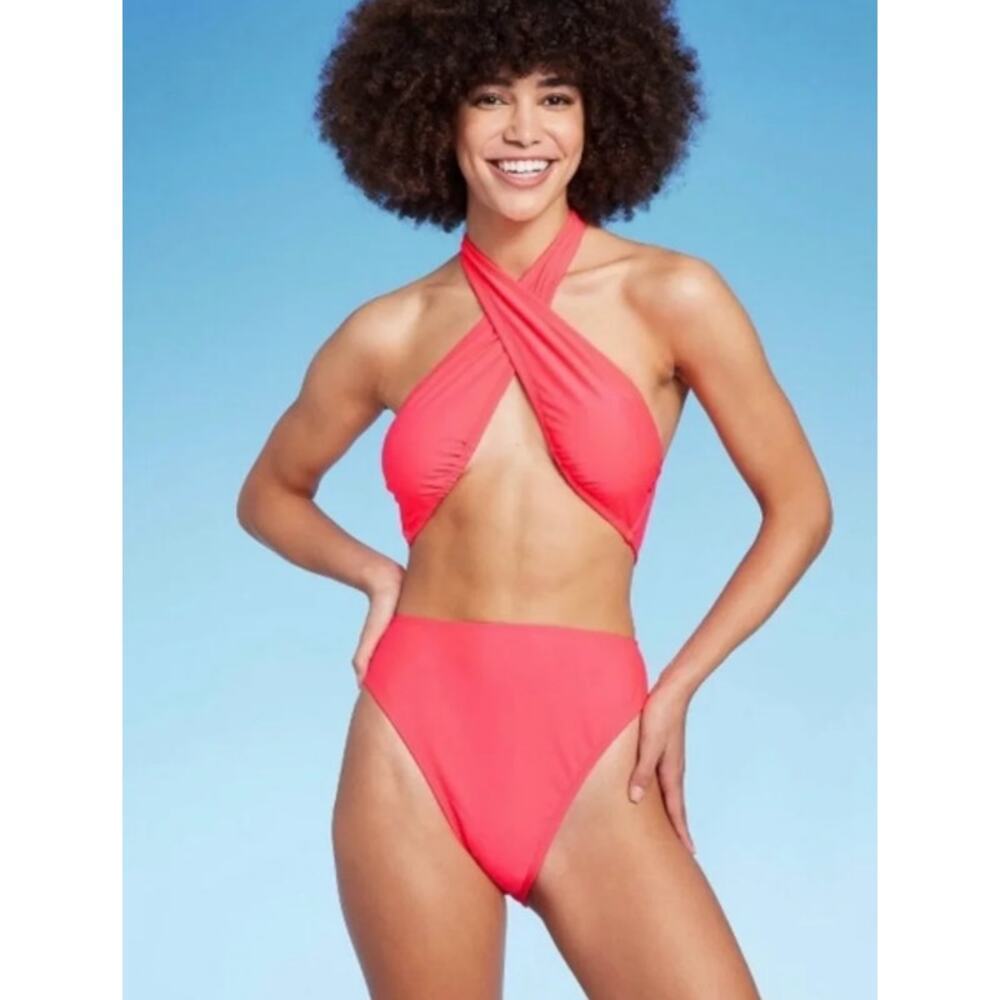 Wild Fable Cross Front Halter One Piece Swimsuit Coral NWT Size XS